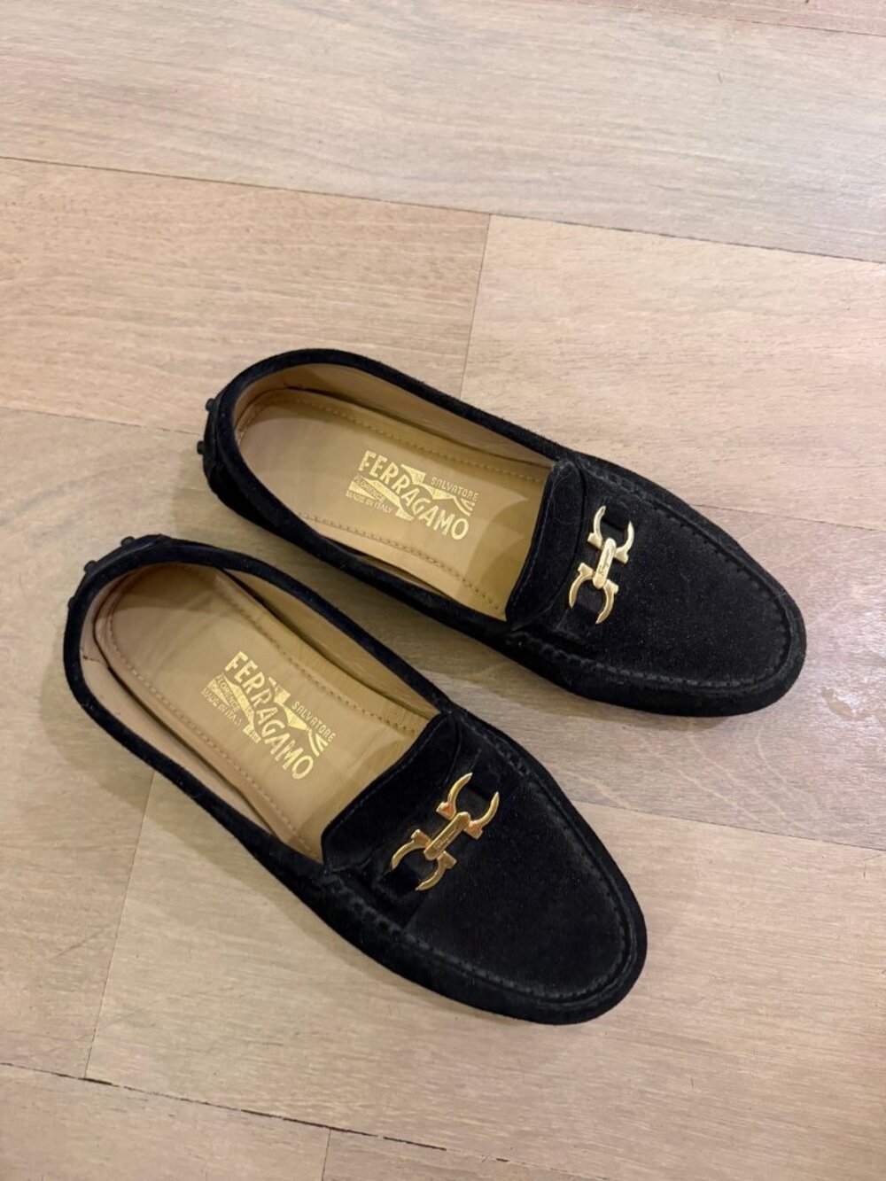 Salvatore Ferragamo Black Suede Gancini Driving Loafers